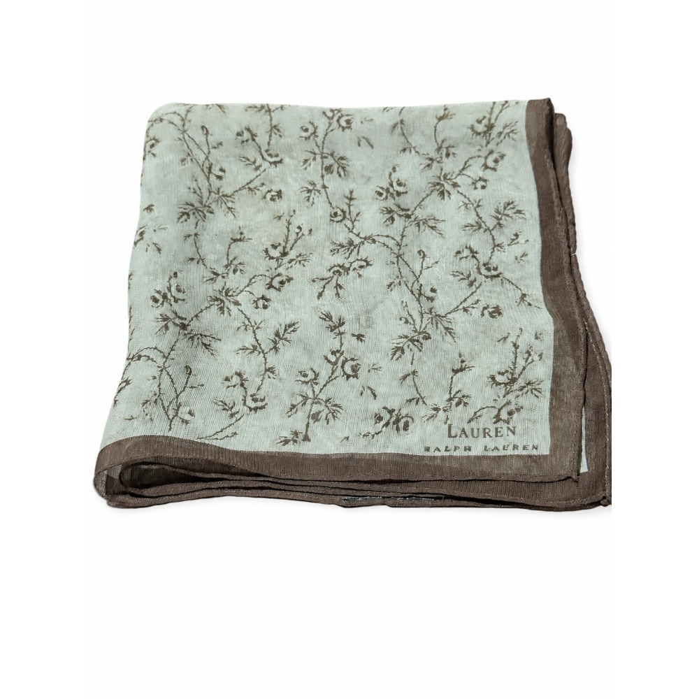Lauren Ralph Lauren 16" Silk Scarf Green Floral Vine Print Brown Border Square